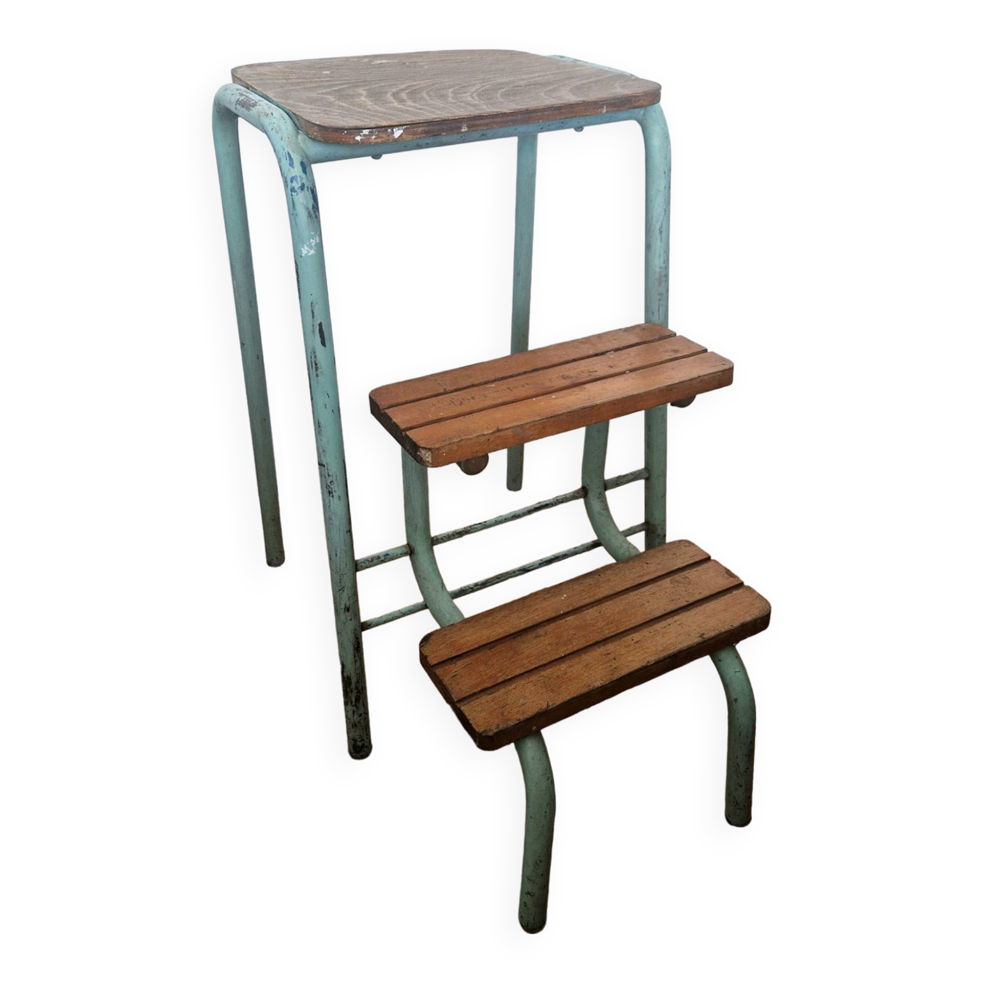Tabouret escabeau vintage en bois et acier