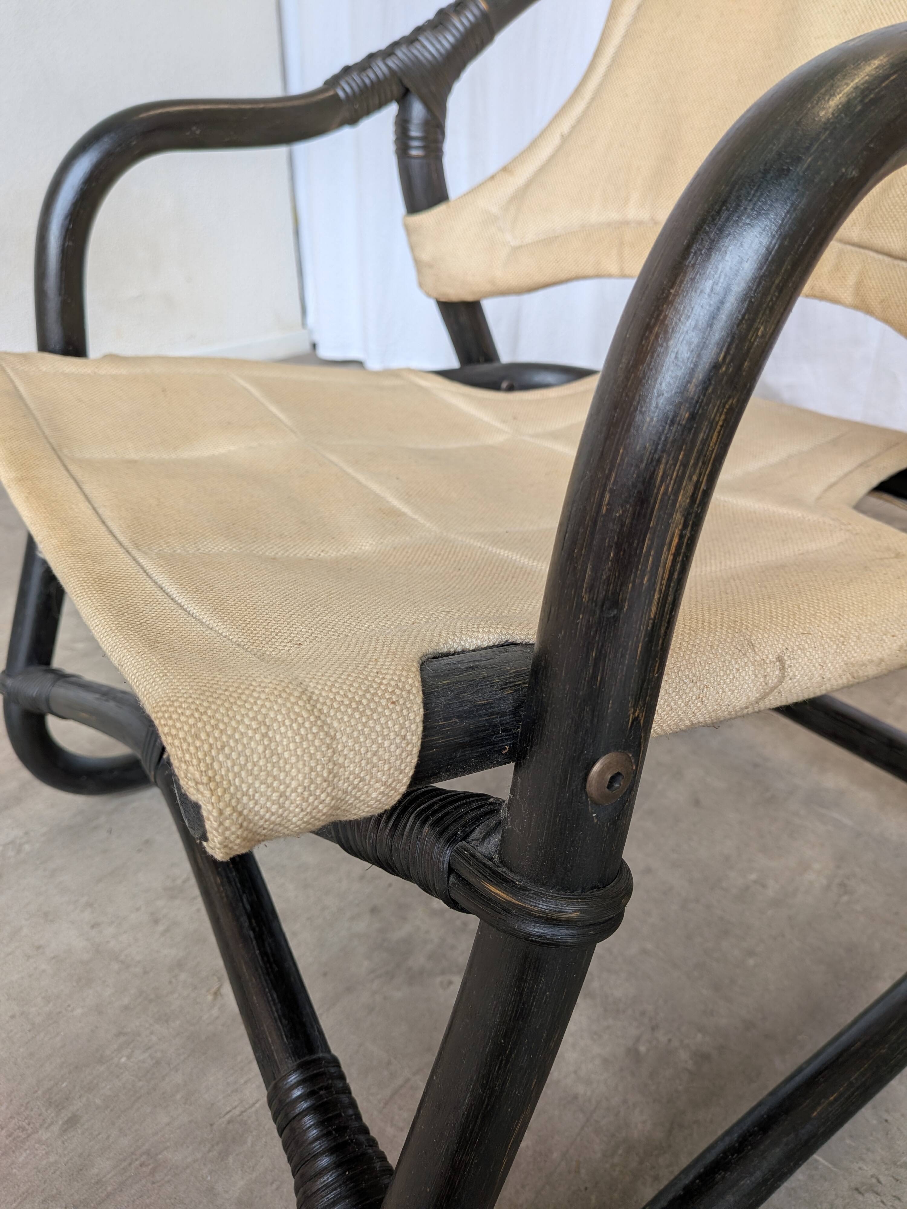 2 Vintage Espri Safari Lounge Armchairs / Rare Mid-century Black Bamboo and Beige Fabric Easy C