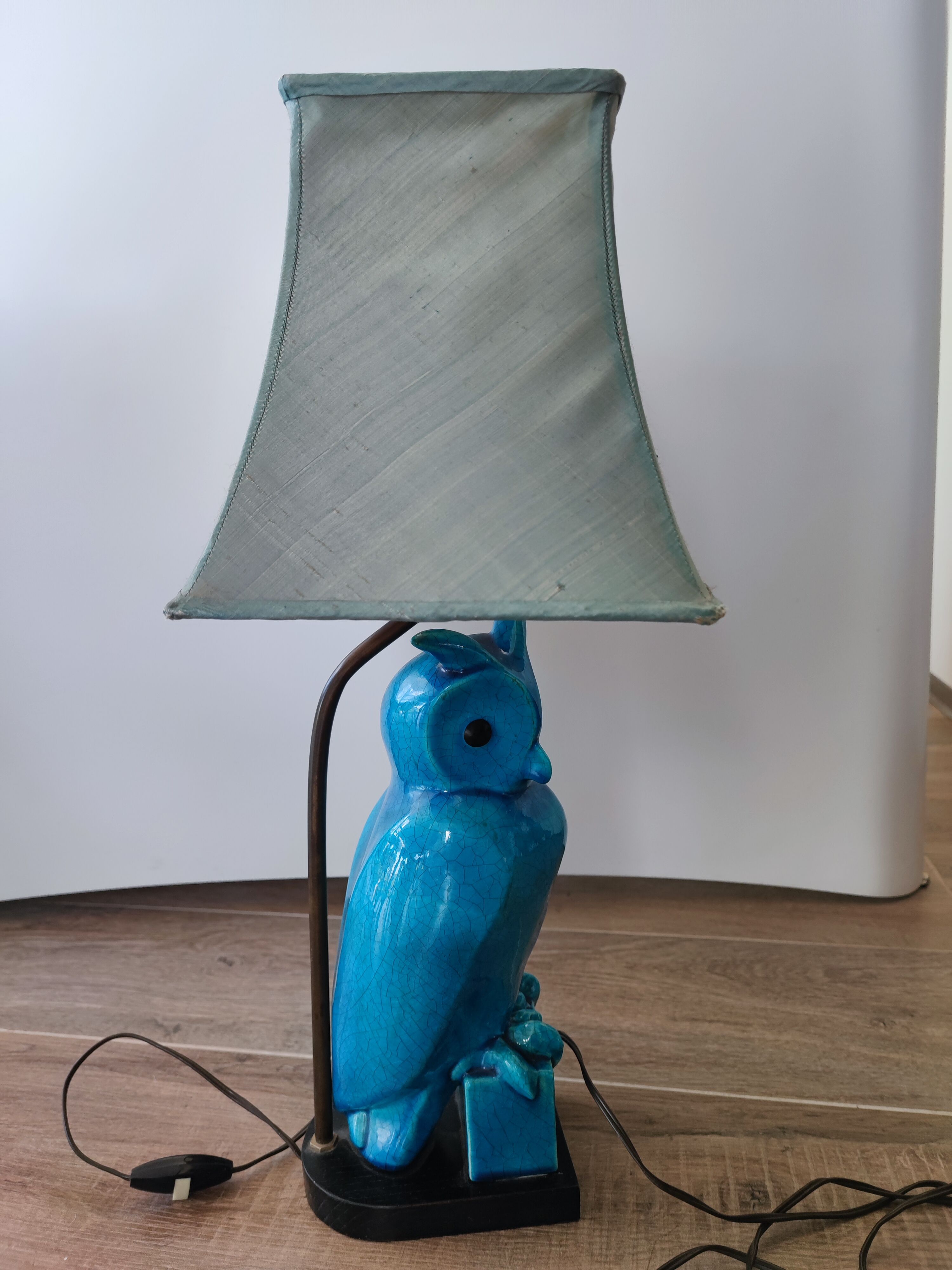 Turquoise cracked earthenware owl lamp