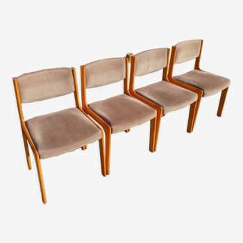 Series of 4 Scandinavian beech chairs with velvet seats