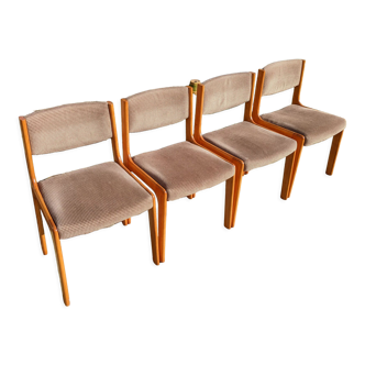 Series of 4 Scandinavian beech chairs with velvet seats
