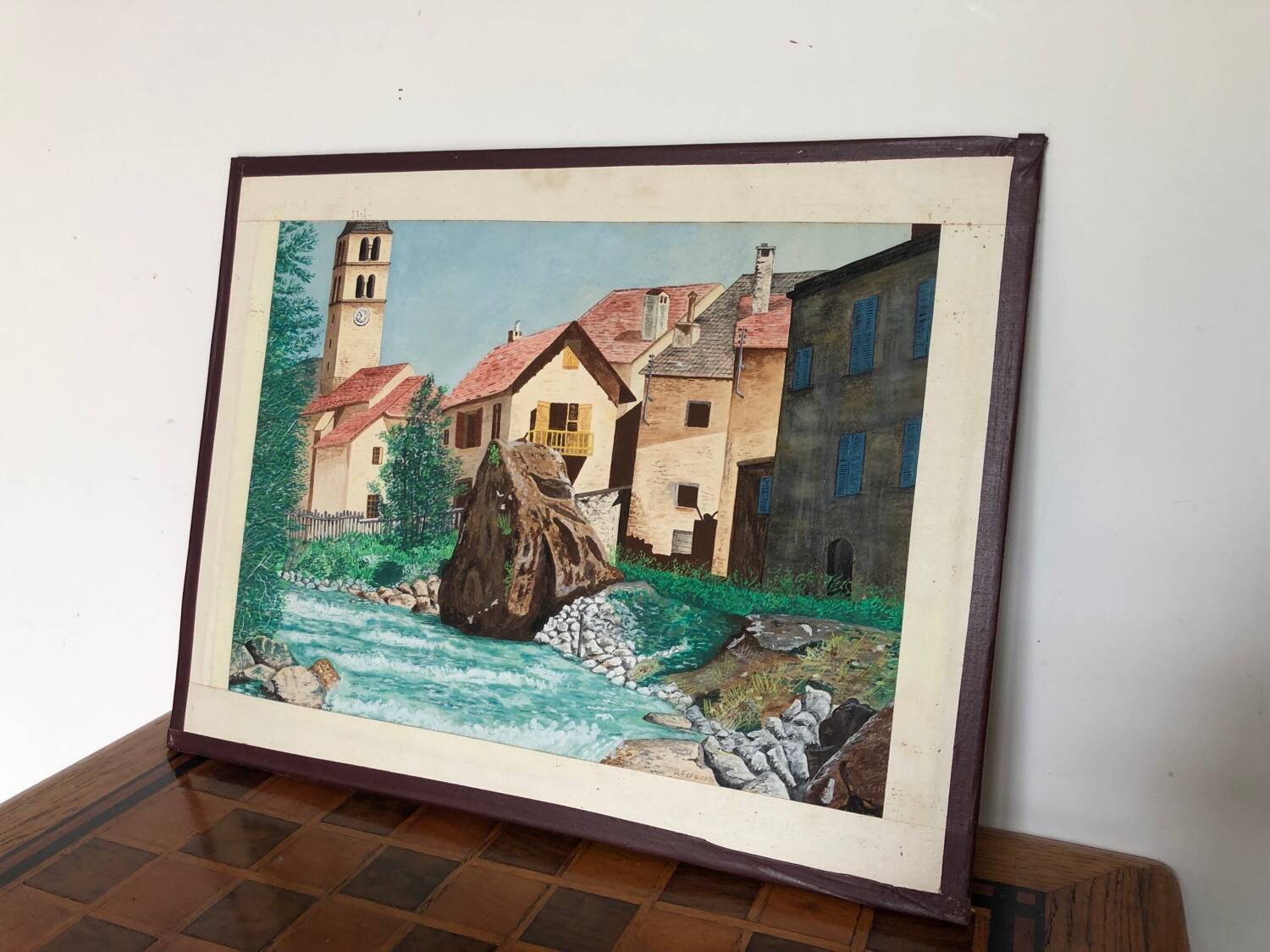 Framed drawing painting mountain village