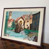 Framed drawing painting mountain village