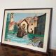 Framed drawing painting mountain village