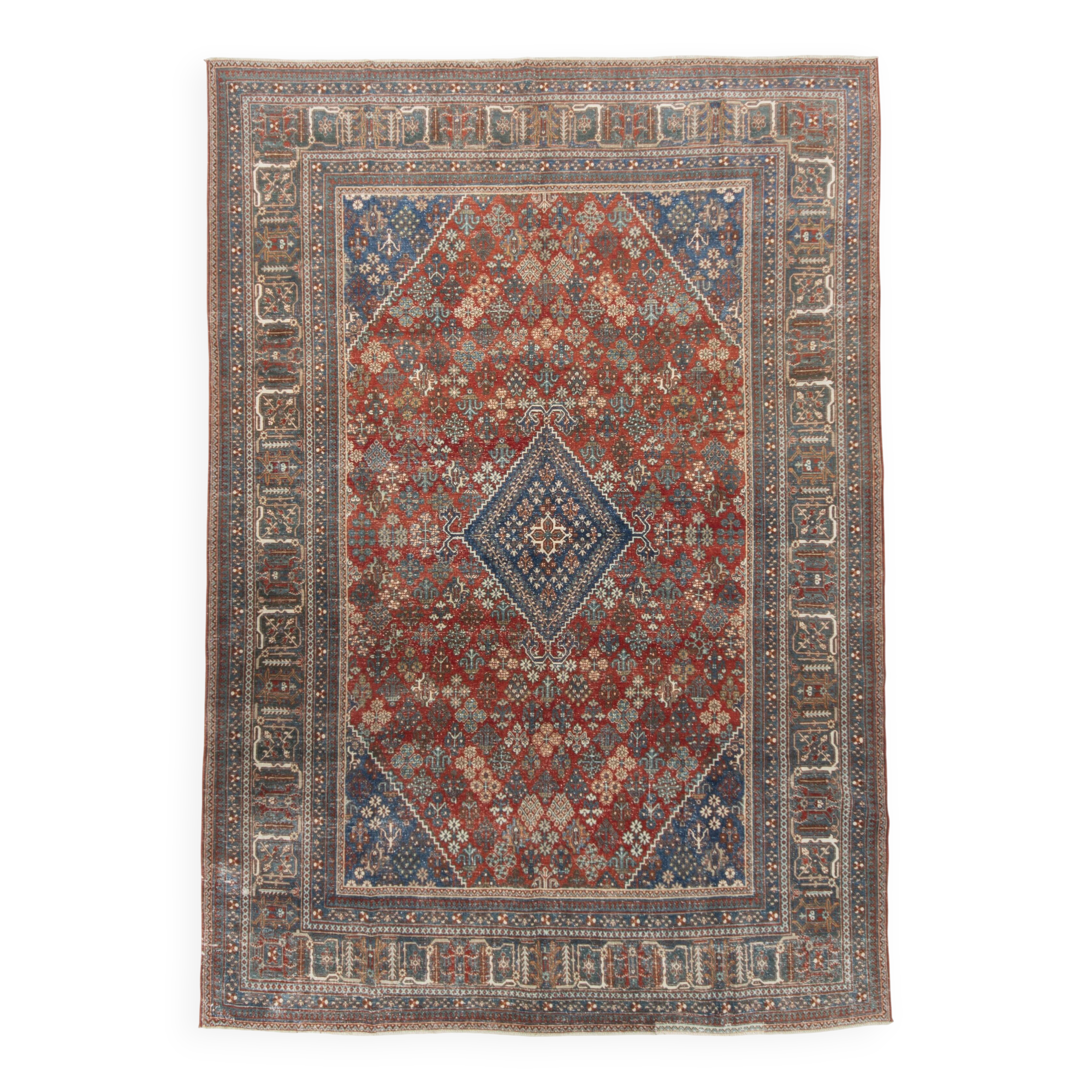Vintage Turkish rug in brick red and indigo with floral design, 276 × 389 cm