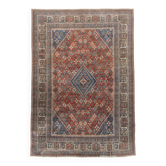 Vintage Turkish rug in brick red and indigo with floral design, 276 × 389 cm