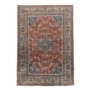 Tapis turc vintage rouge brique et indigo à décor floral, 276 × 389 cm