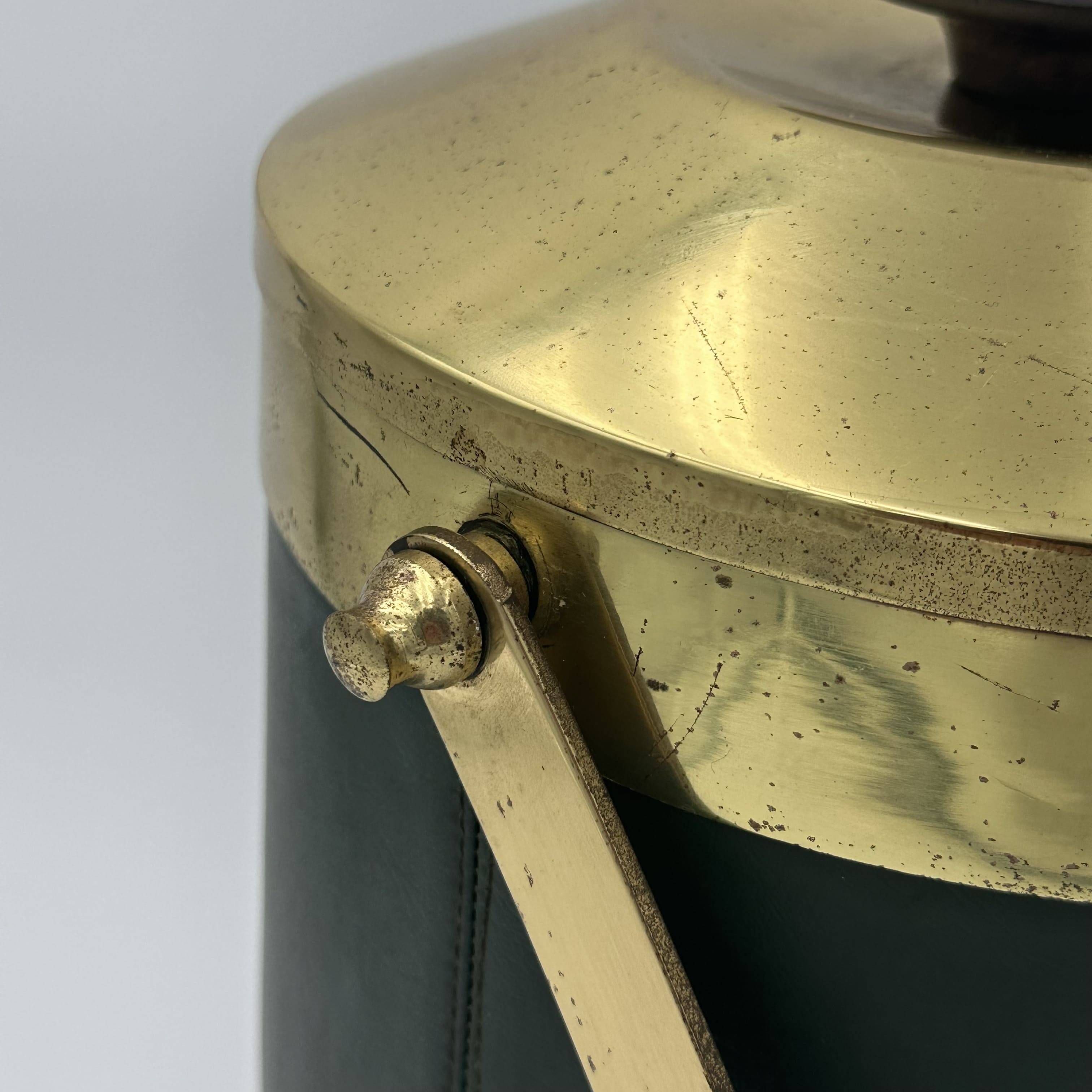 Green Leather and Brass Curved Handle Ice Bucket. Italian Work. V