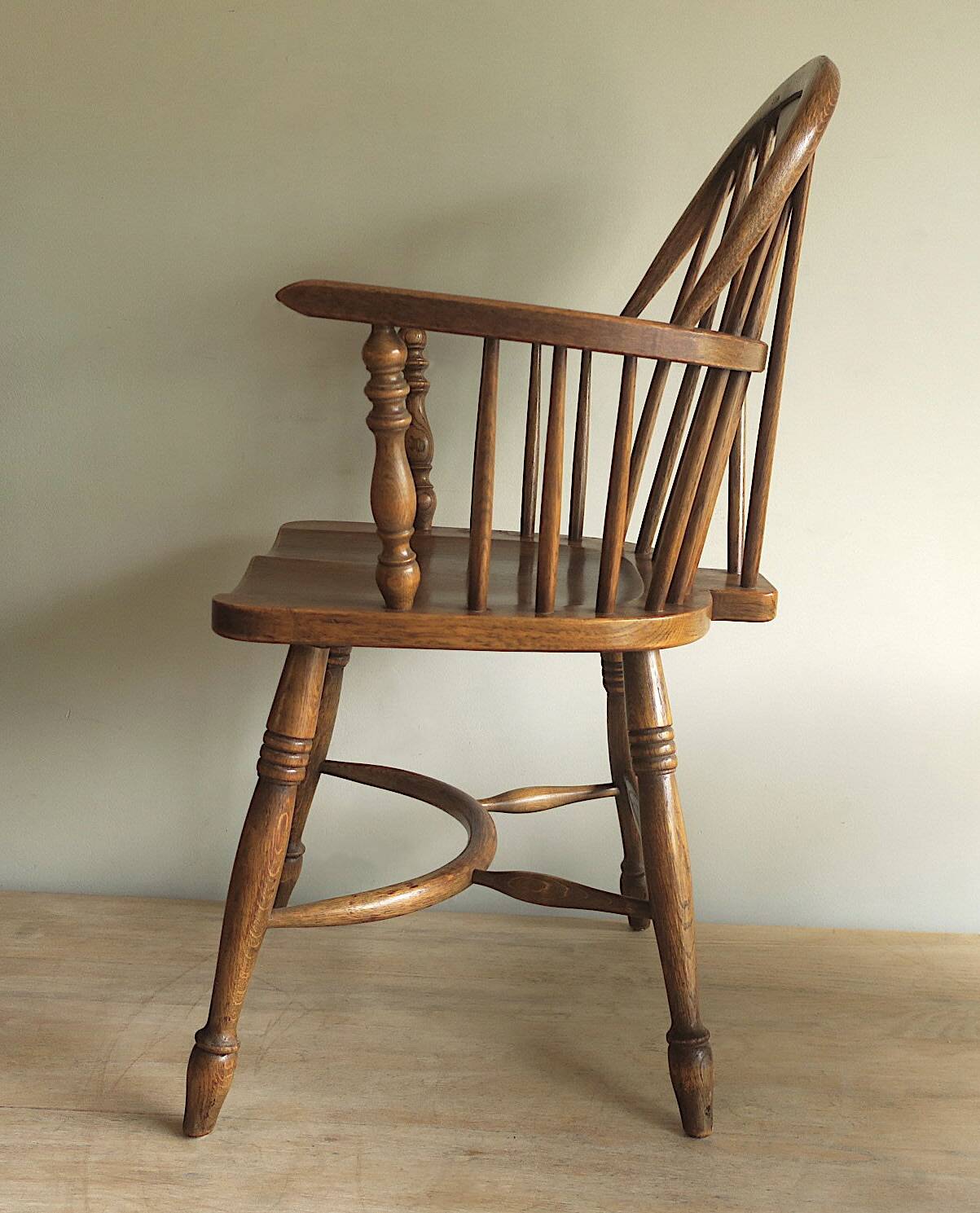 Mid century solid oak lyre-back Windsor elbow armchair, 1960s