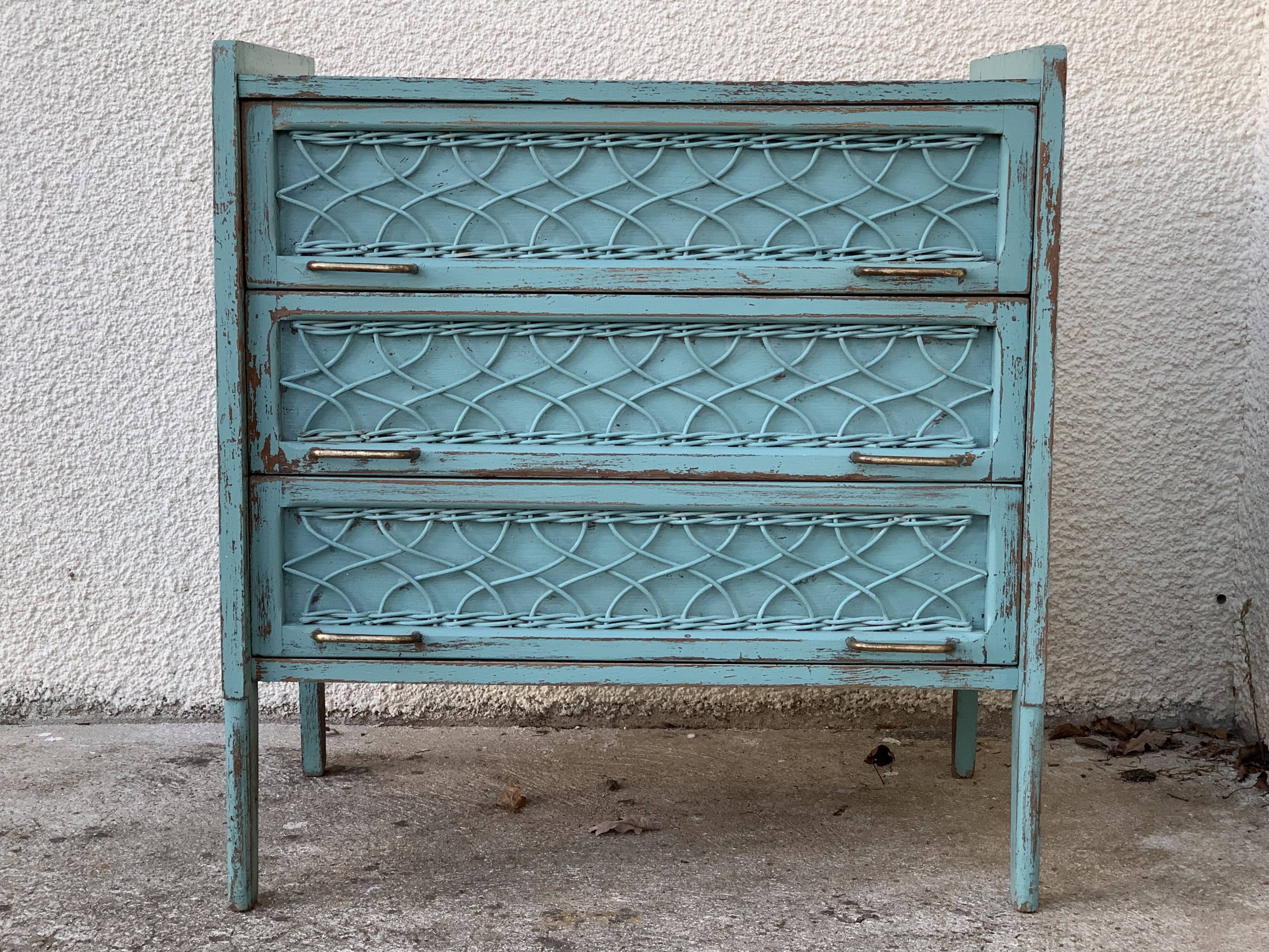 Vintage chest of drawers wood and rattan patina turquoise 1950