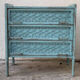 Vintage chest of drawers wood and rattan patina turquoise 1950