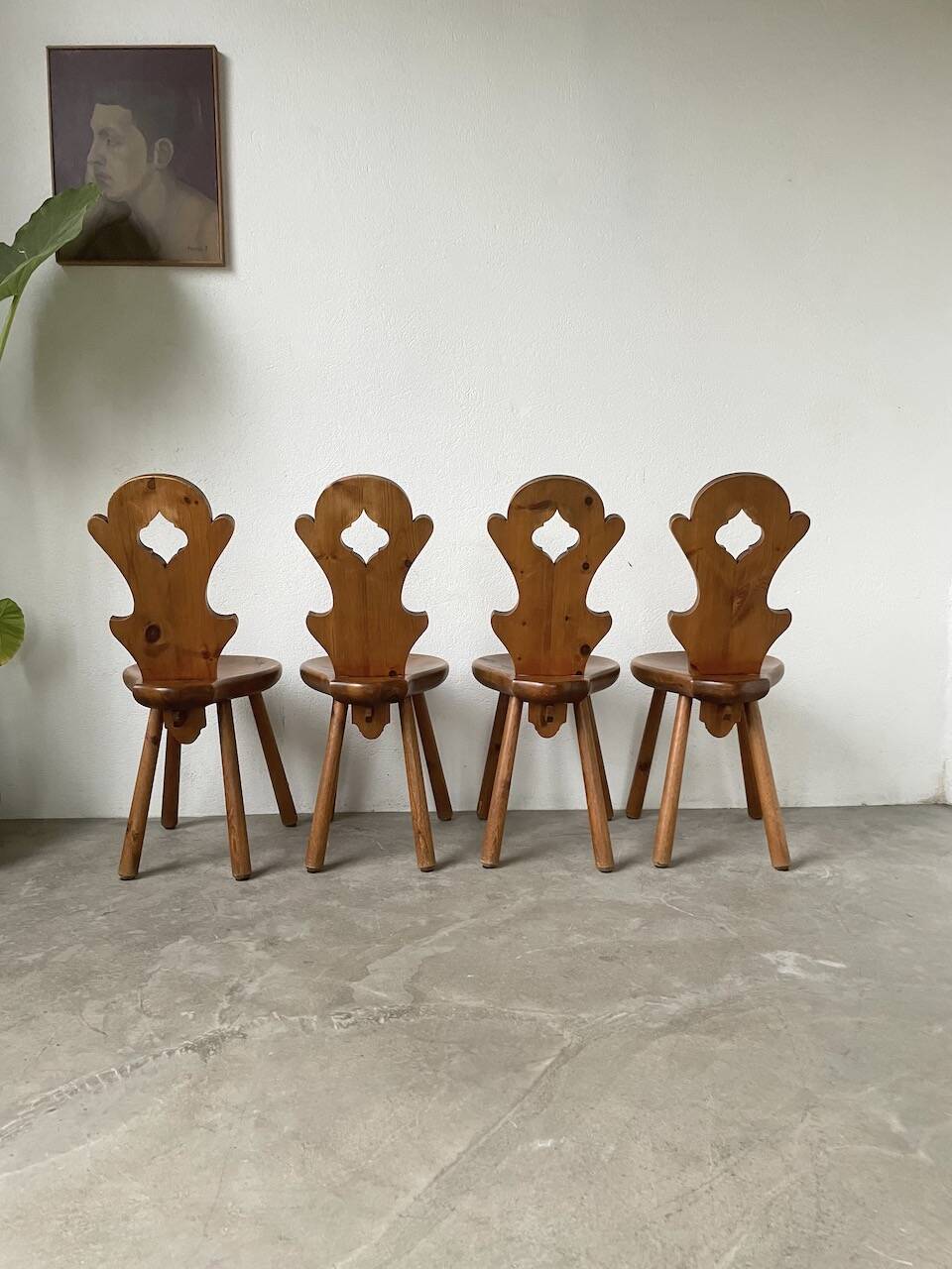 Set of 4 Savoyard pine chairs from the 60s