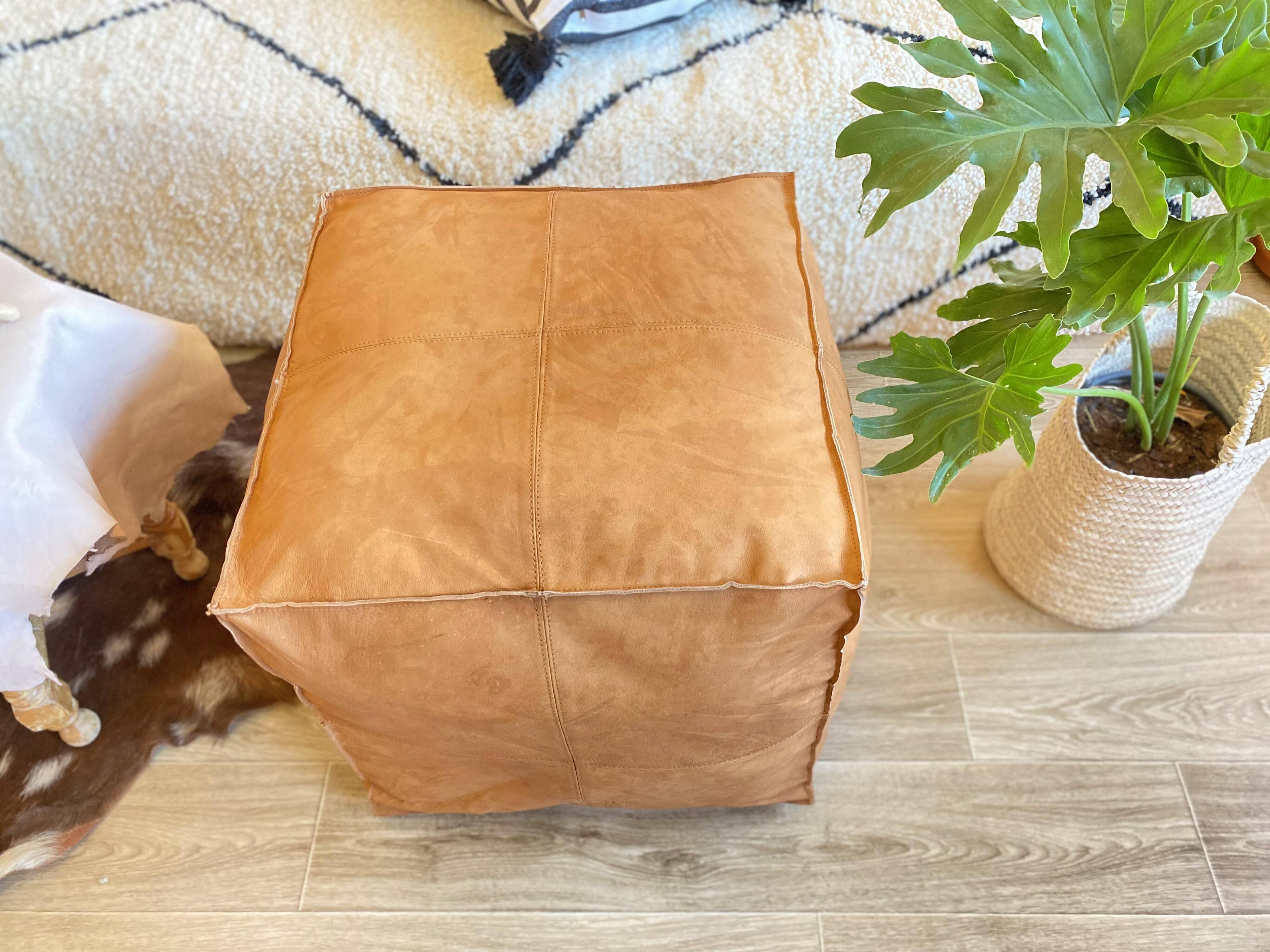 Vegan Leather Ottoman Pouf, Handmade, Cognac, Unstuffed, Moroccan Leather, Marrakech Souk