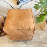 Vegan Leather Ottoman Pouf, Handmade, Cognac, Unstuffed, Moroccan Leather, Marrakech Souk