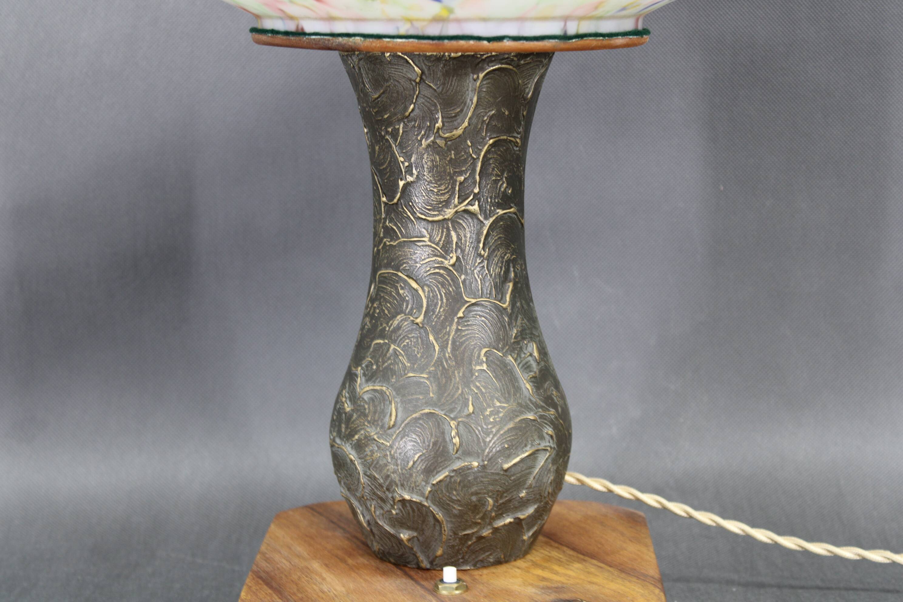 1940s restored brass table lamp with wooden base and glass shade