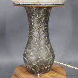 1940s restored brass table lamp with wooden base and glass shade