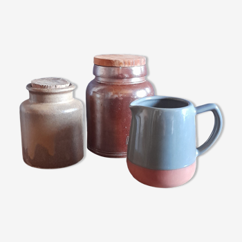 Trio of pottery & decorative stoneware pitcher - vintage