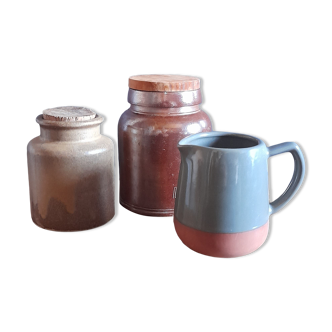 Trio of pottery & decorative stoneware pitcher - vintage