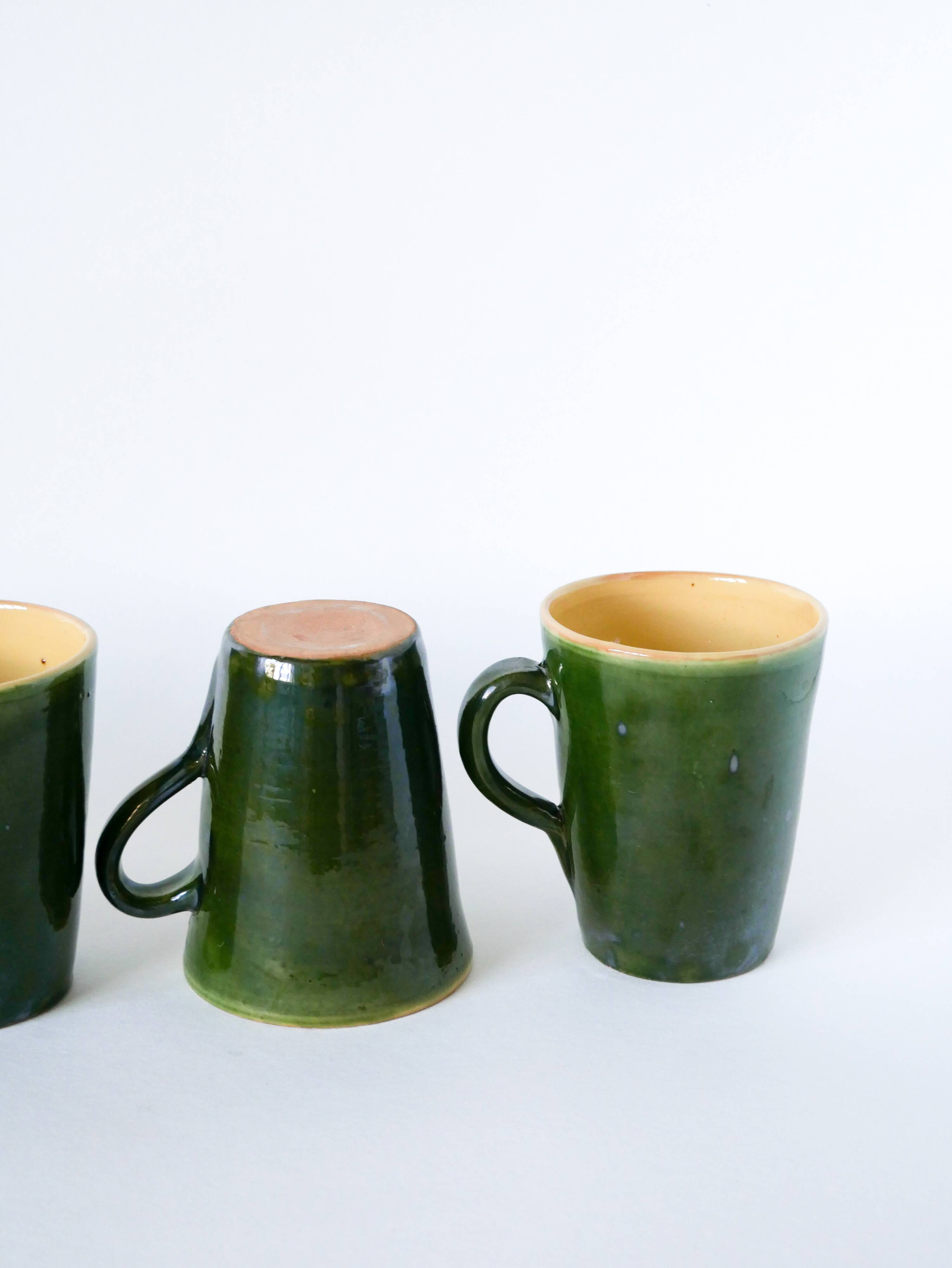 Set of 4 green mugs in glazed stoneware, ceramic, 1970