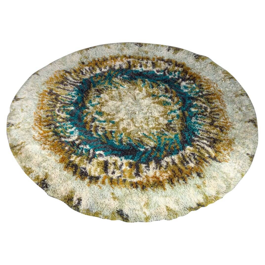 Rya rug made of wool in beige, brown and turquoise