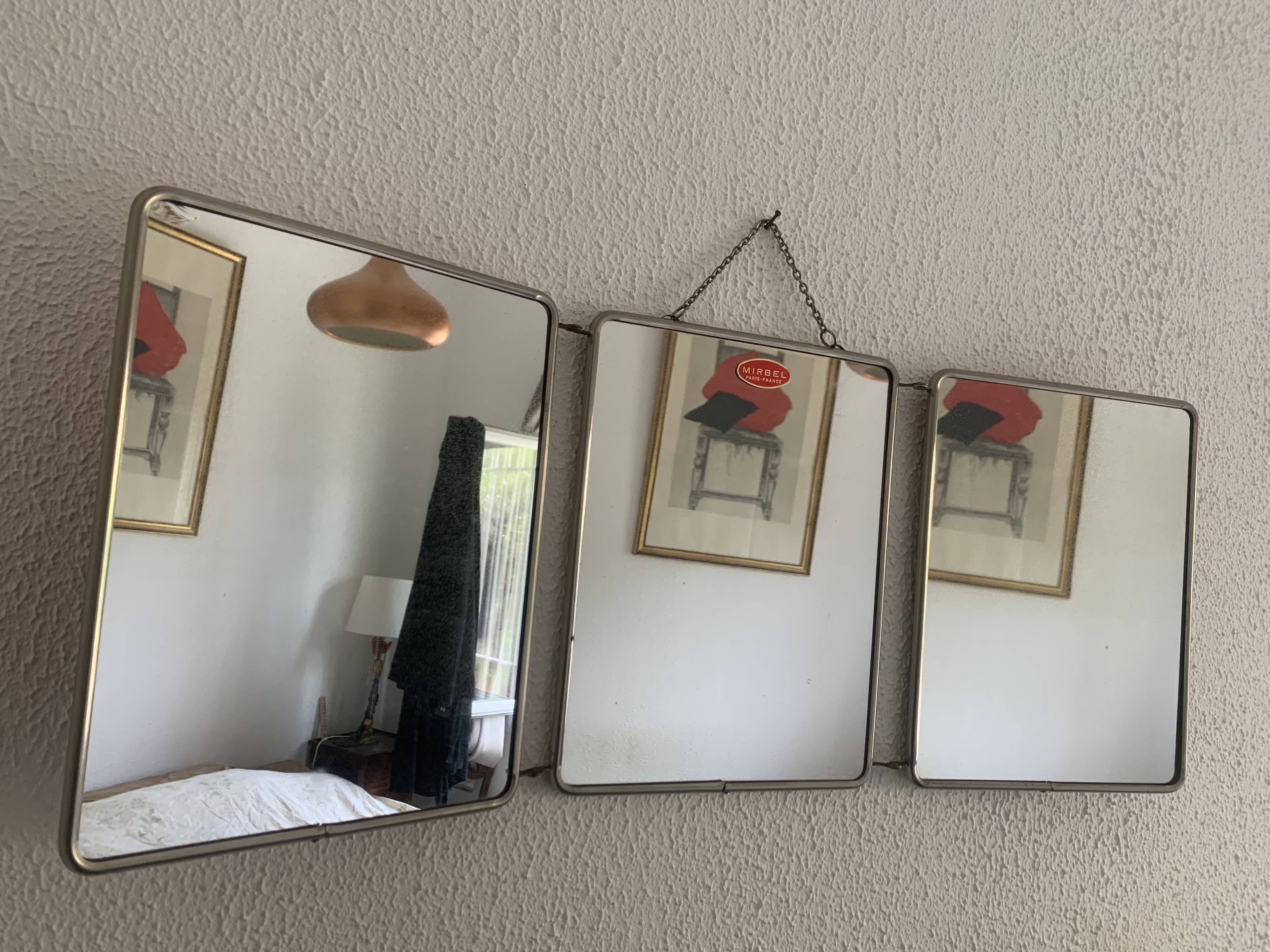Vintage 1960s red barber triptych mirror Mirbel Paris - 28 x 70 cm
