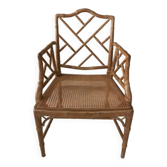 Fauteuil canné en bois et bambou ancien