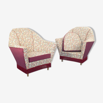 Set of 2 armchairs fabric gobelin design 70s modern vintage