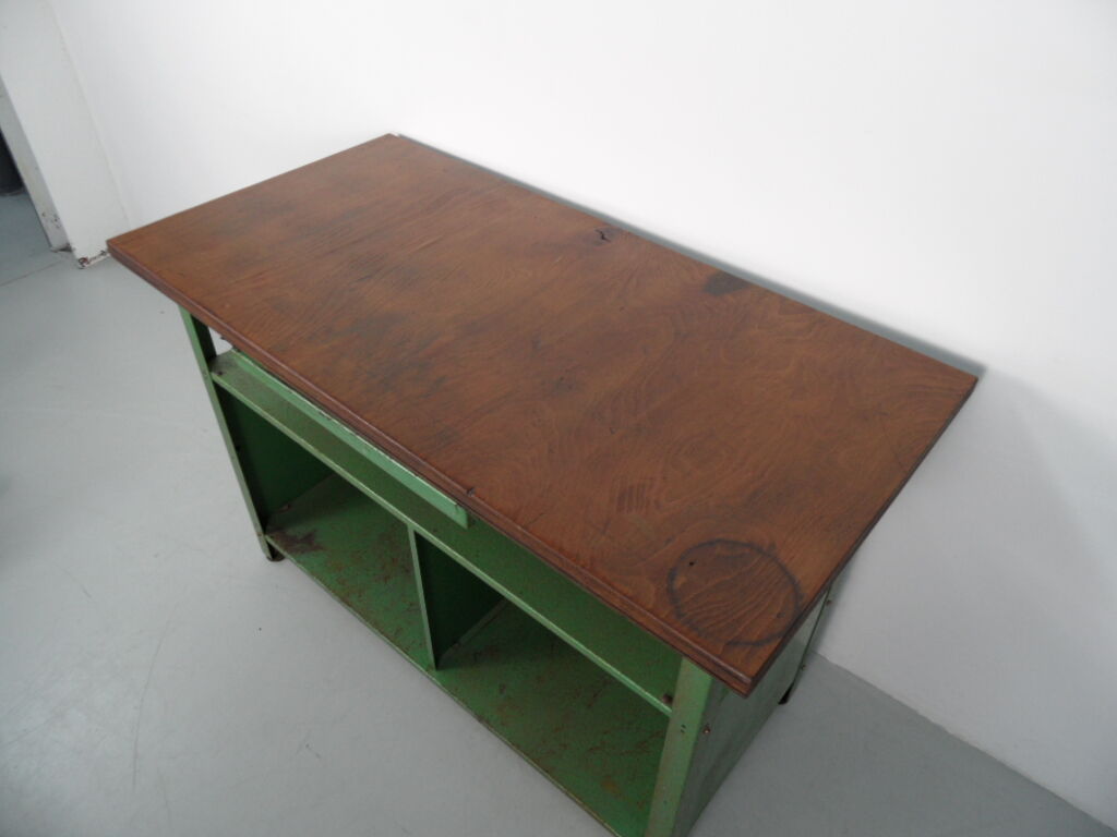 Industrial metal workbench with wooden top 1960s