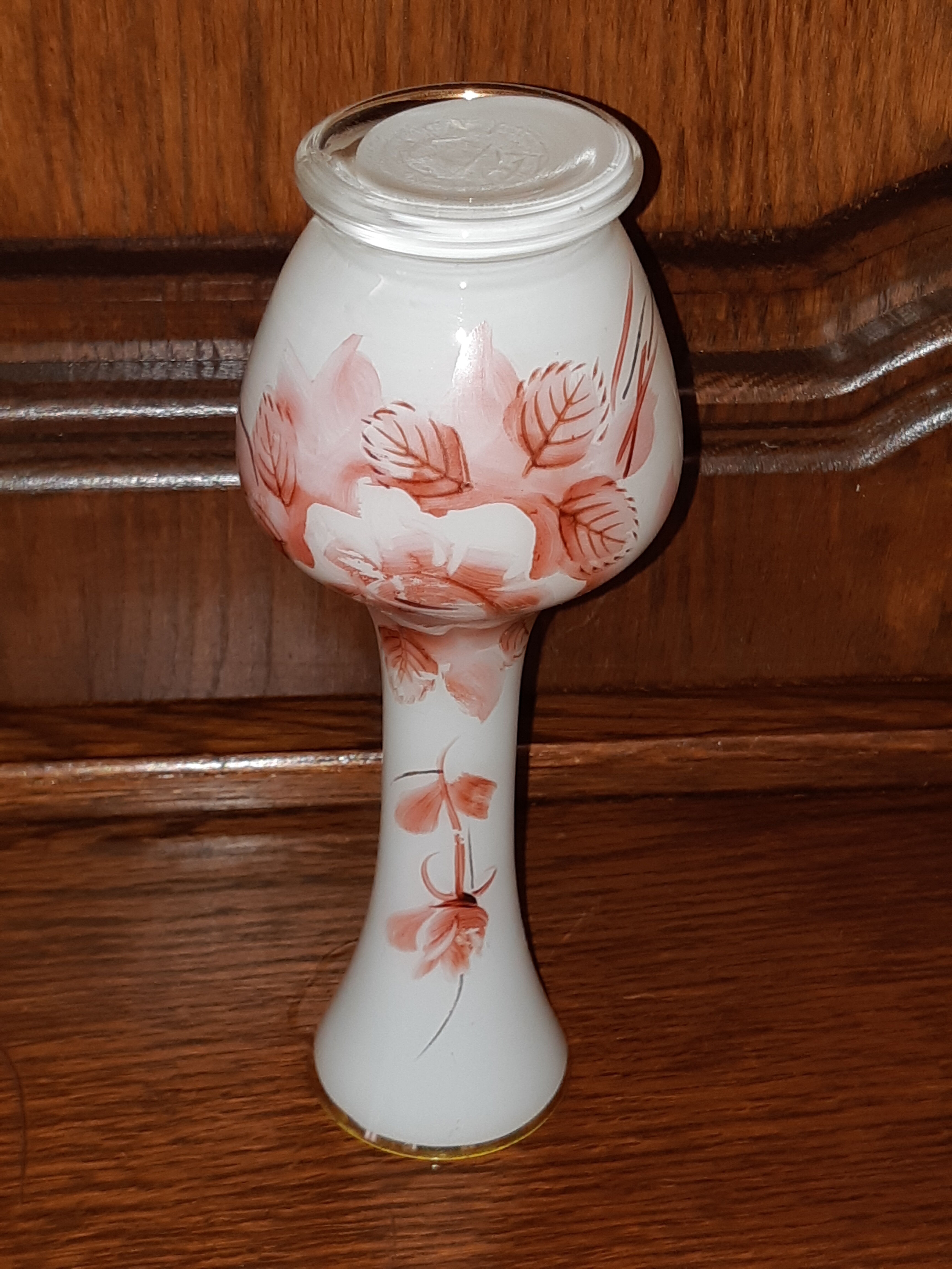 Soliflore vase in blown opaline glass decorated with flowers