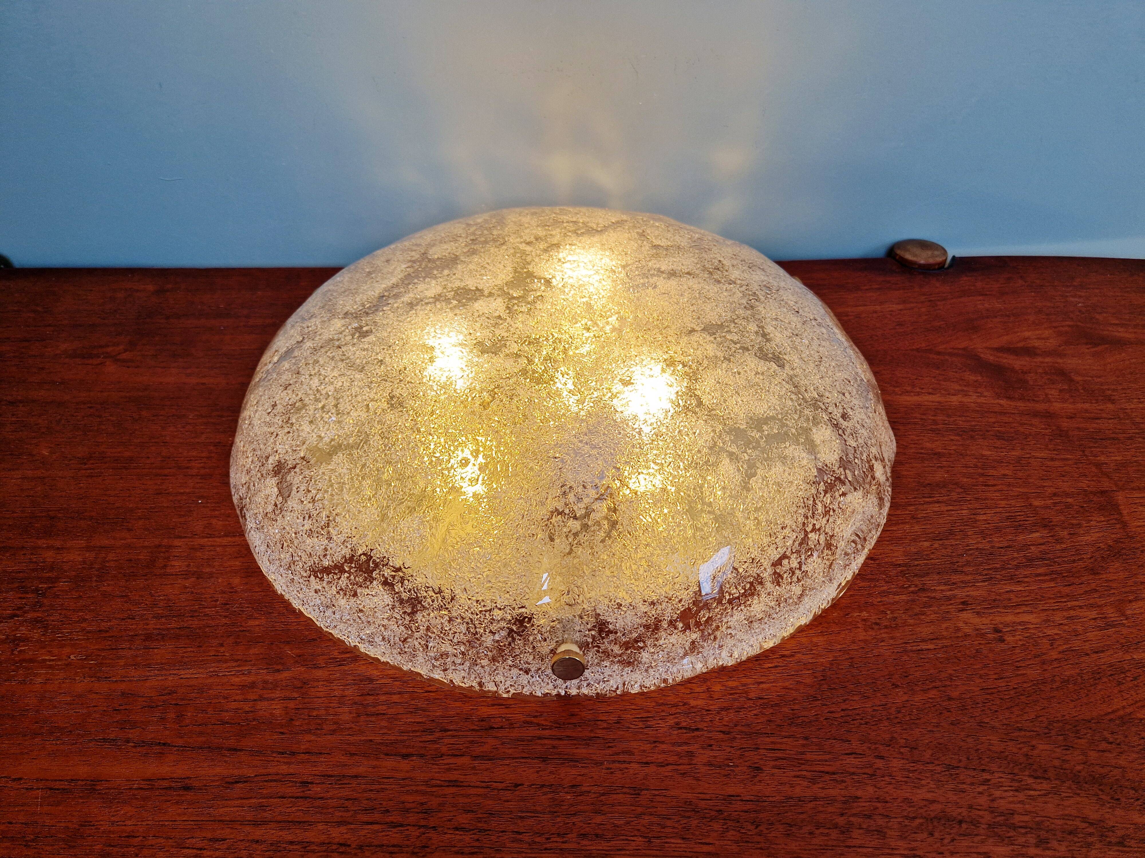 Large brass and frosted glass ceiling light, Hillebrand, 1970.
