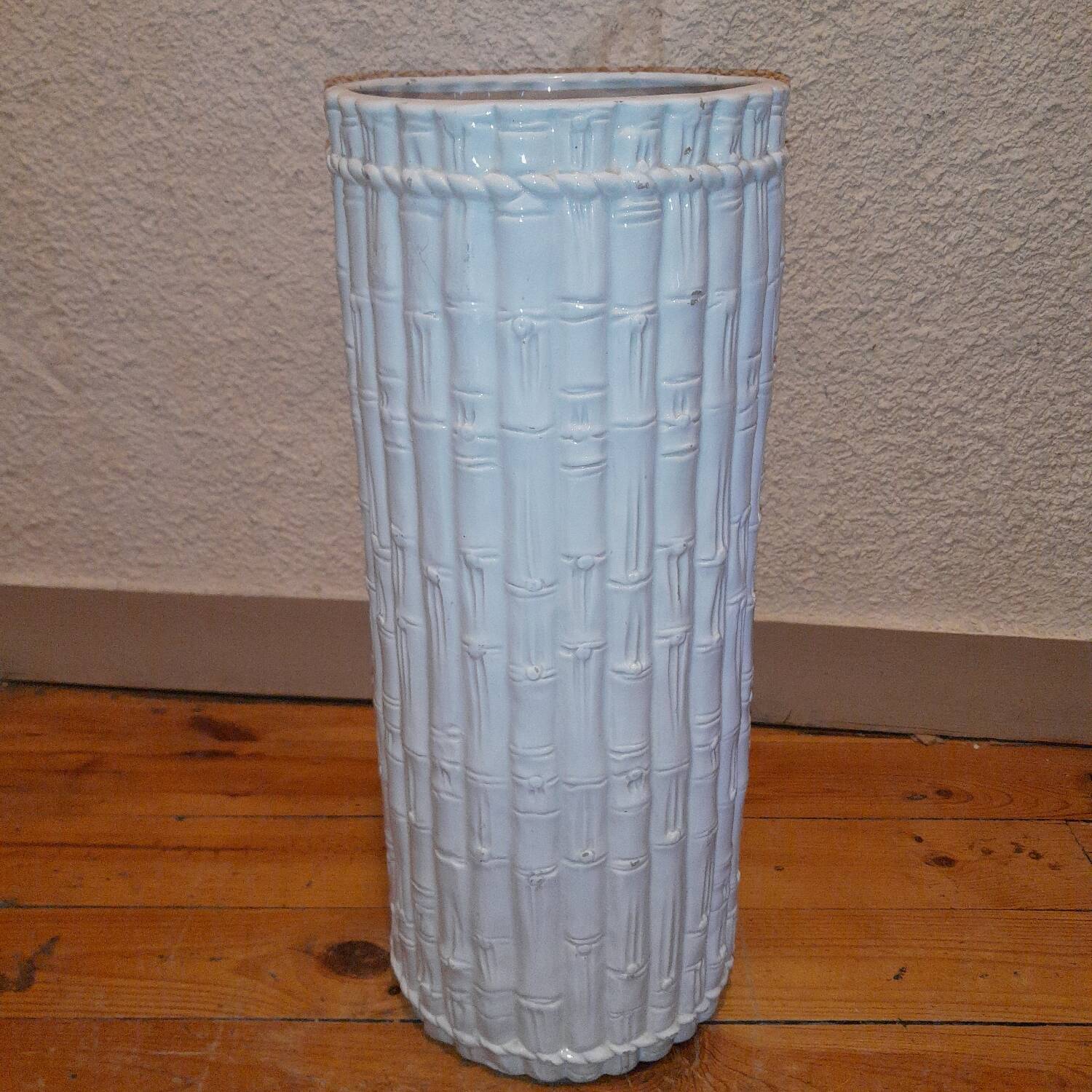 Porte-parapluie vintage italien en céramique blanche style bambou