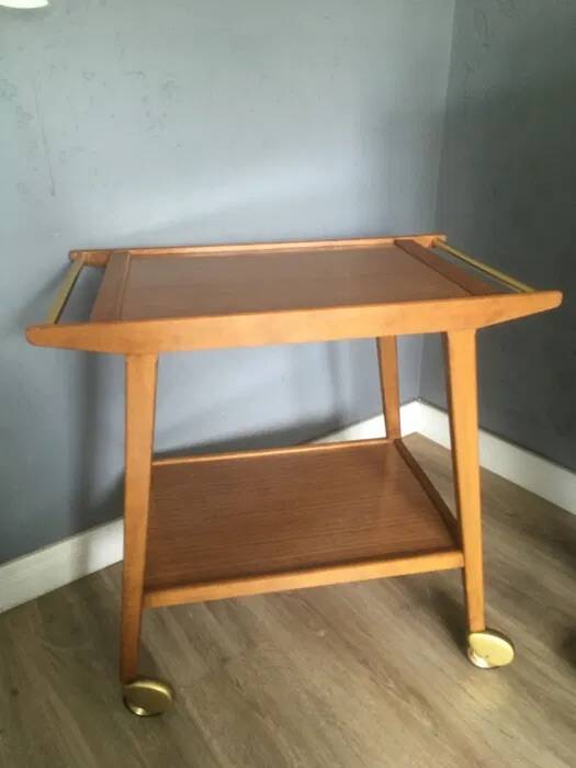 Mid-Century Bar Cart / Serving Trolley — Solid Wood, 1960s