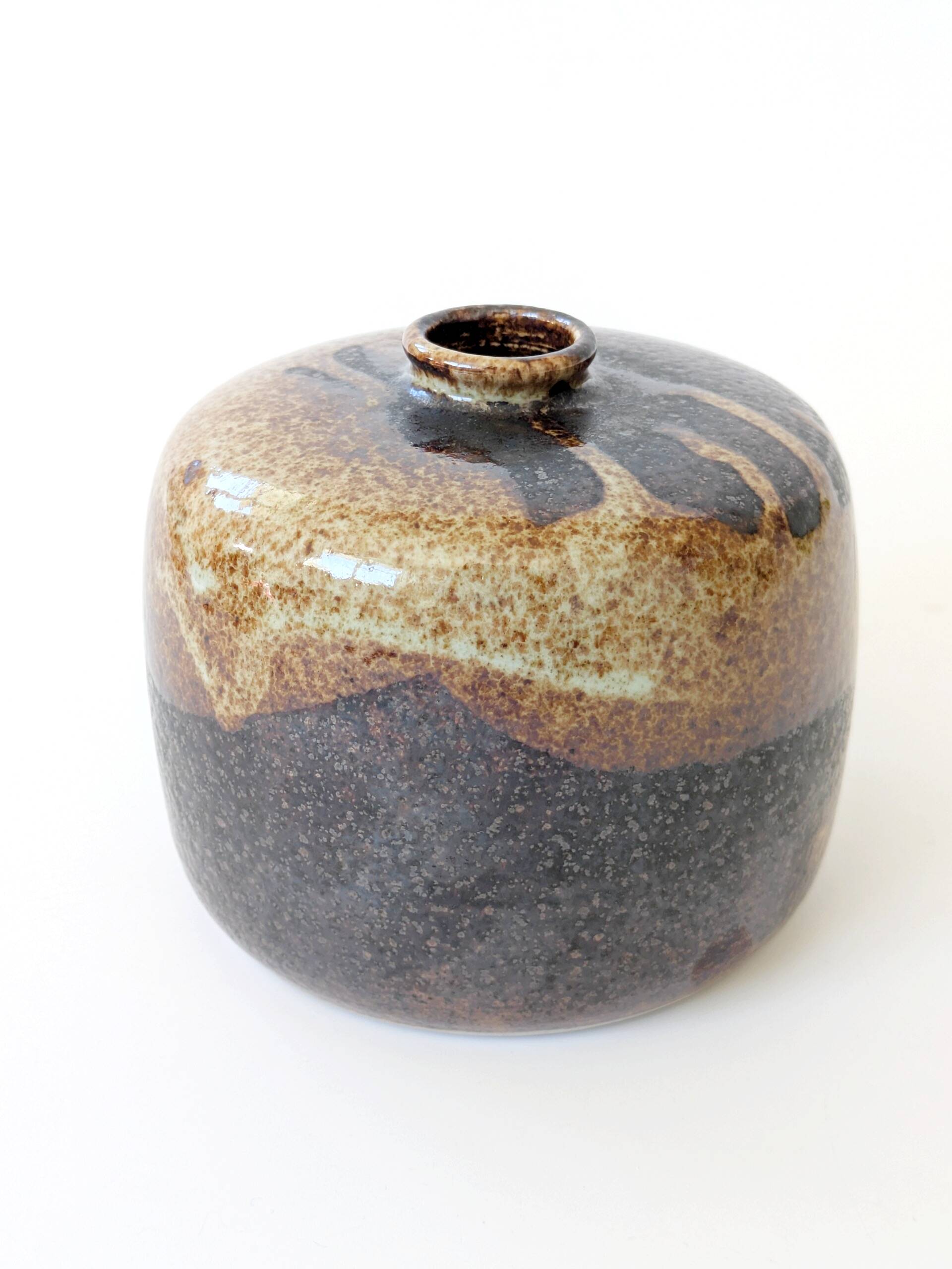 Round stoneware vase, brown and cream glaze, vintage handmade pottery