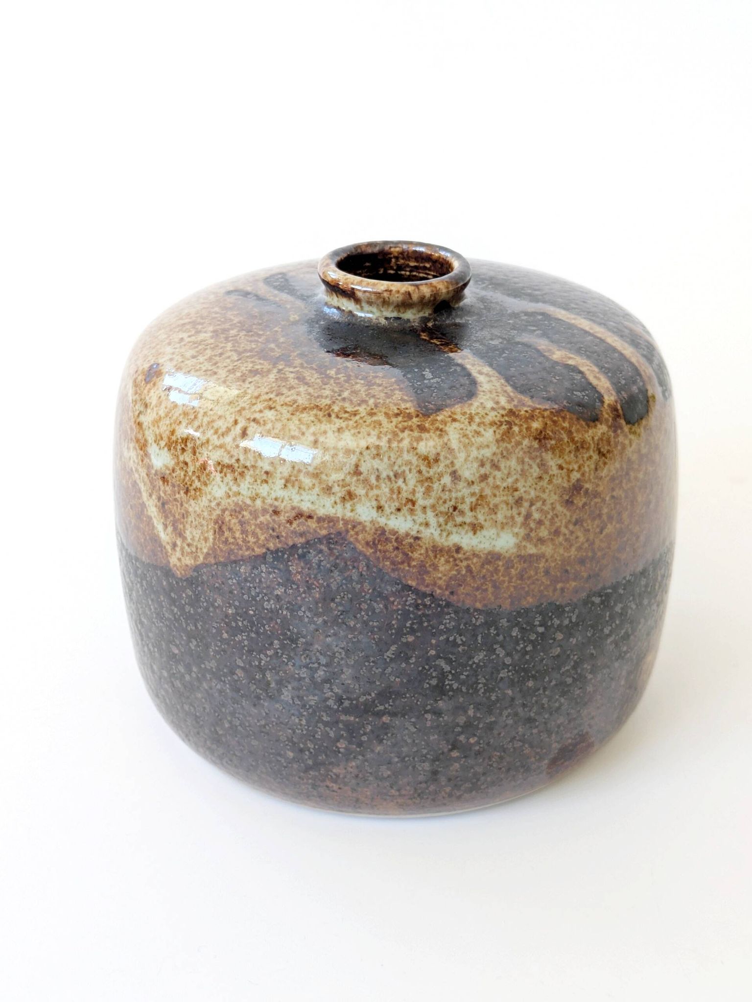 Round stoneware vase, brown and cream glaze, vintage handmade pottery