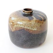 Round stoneware vase, brown and cream glaze, vintage handmade pottery