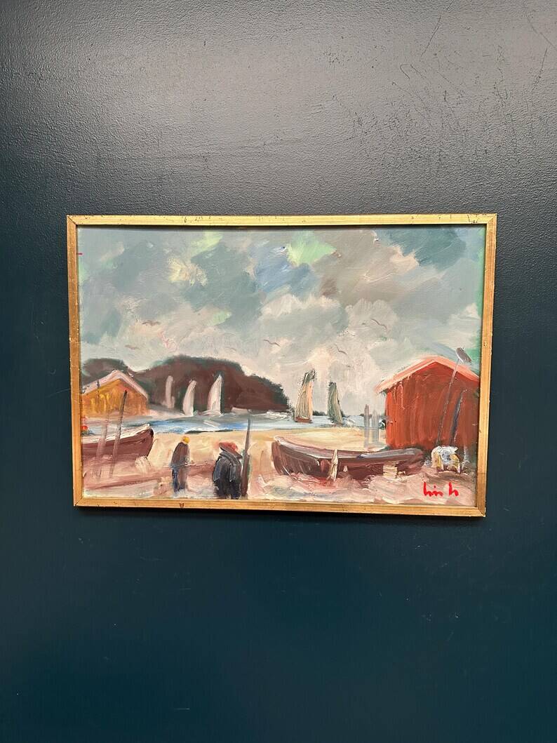 Original Swedish Oil on Canvas – “Coastal Village” by Eric Lo – Signed – Vintage & Framed