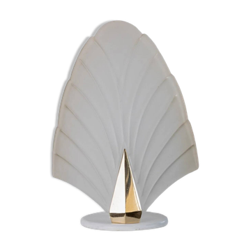 Grande lampe de table vintage en verre de Murano – verre en forme de feuille – blanc, base en métal doré – Italie années 1980