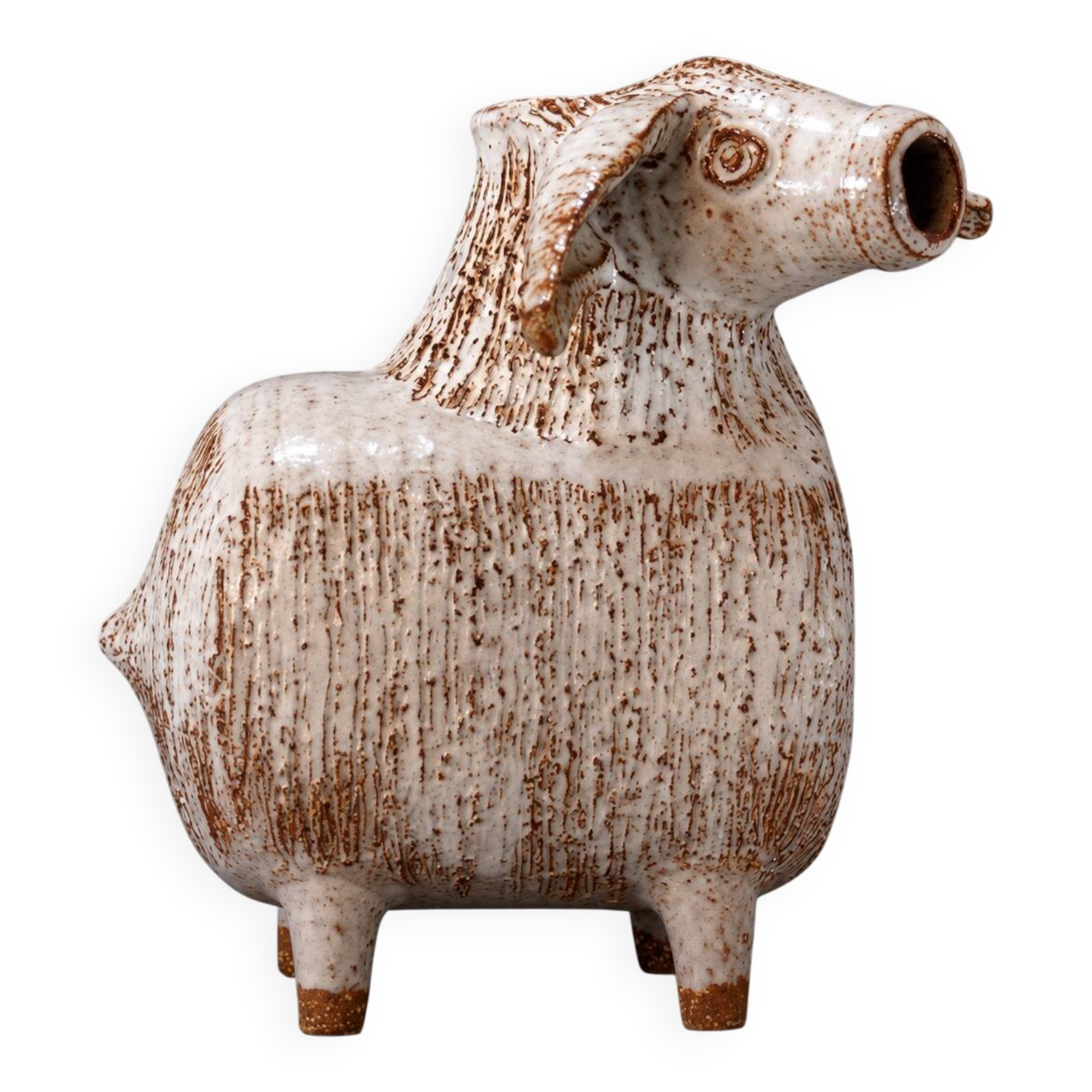 Ceramic sheep figure, sponge-glazed stoneware, Scandinavian mid-century.
