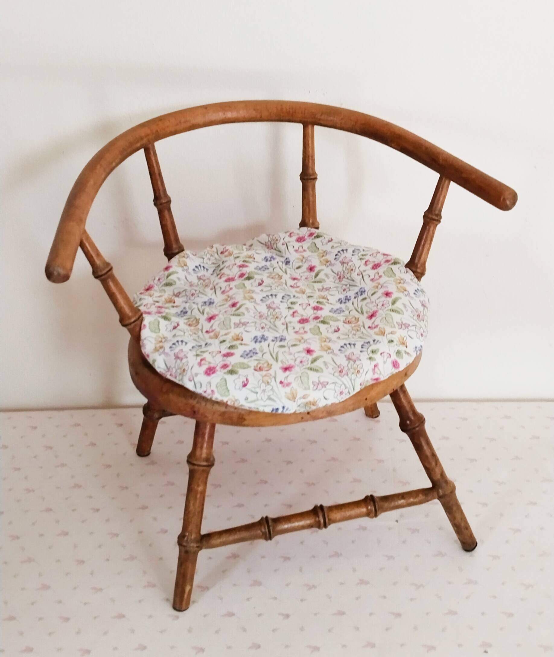 Vintage doll chair, in wood, and Liberty cushion