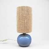 Lampe boule signé en céramique grès bleu lavande abat-jour corde ou raphia
