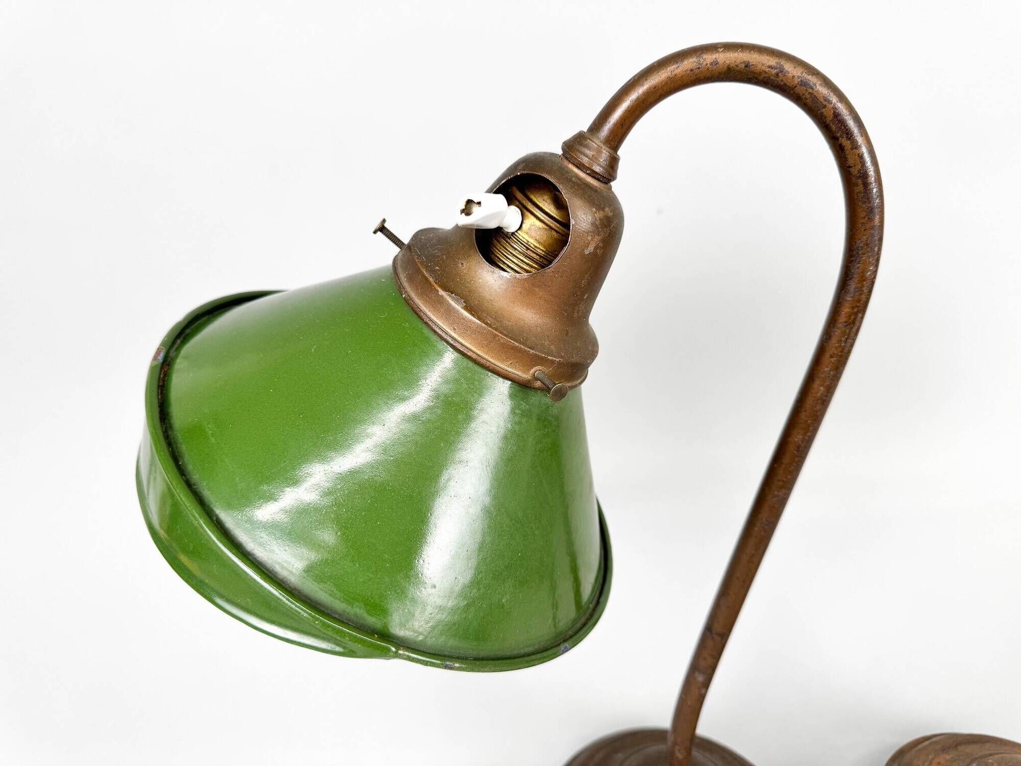 Pair of Unique 1920's Enamel & Cast Iron Desk Lamps, Czechoslovakia