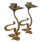 Set of 2 vintage candle holders bronze alloy – Metal flower candle holders gold