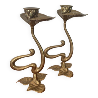 Set of 2 vintage candle holders bronze alloy – Metal flower candle holders gold