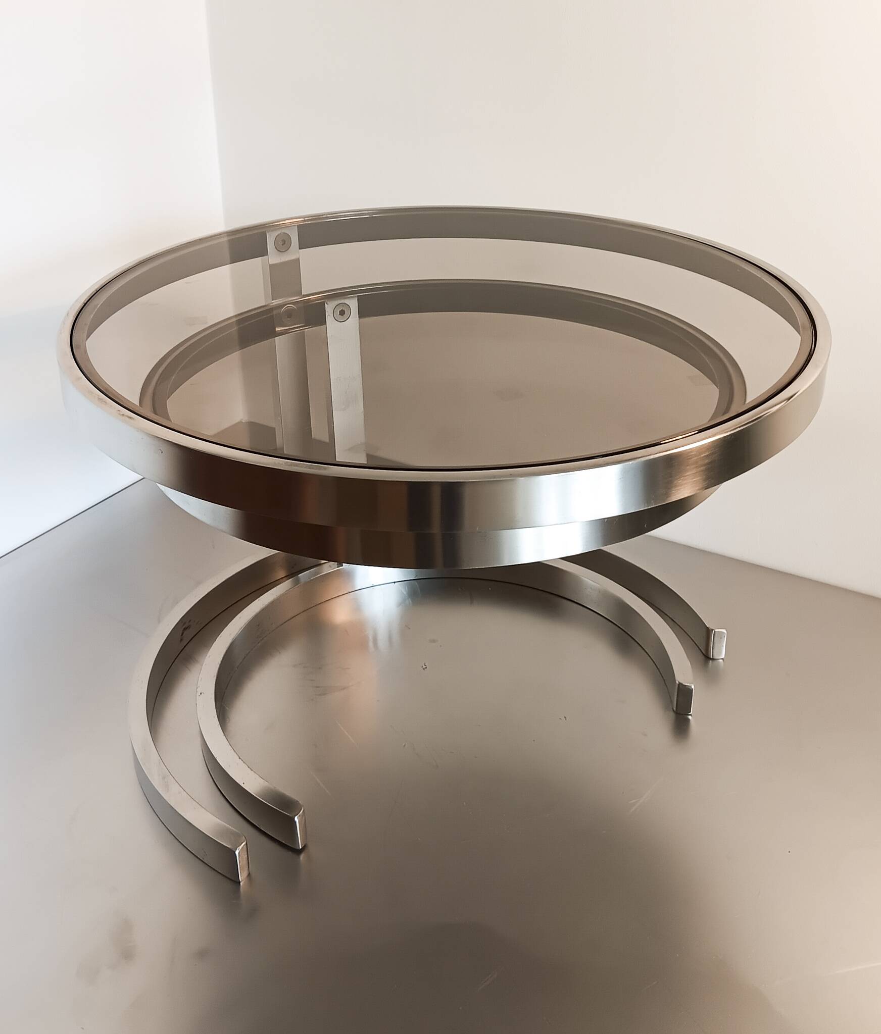 2 vintage 1970s smoked glass and brushed metal nesting coffee tables