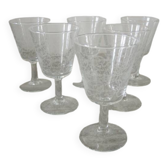 6 Anciens Verres à Pied Motif Arabesques Blanches H 12,2 cm