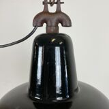 Industrial black enamel factory lamp with cast iron top, 1950s