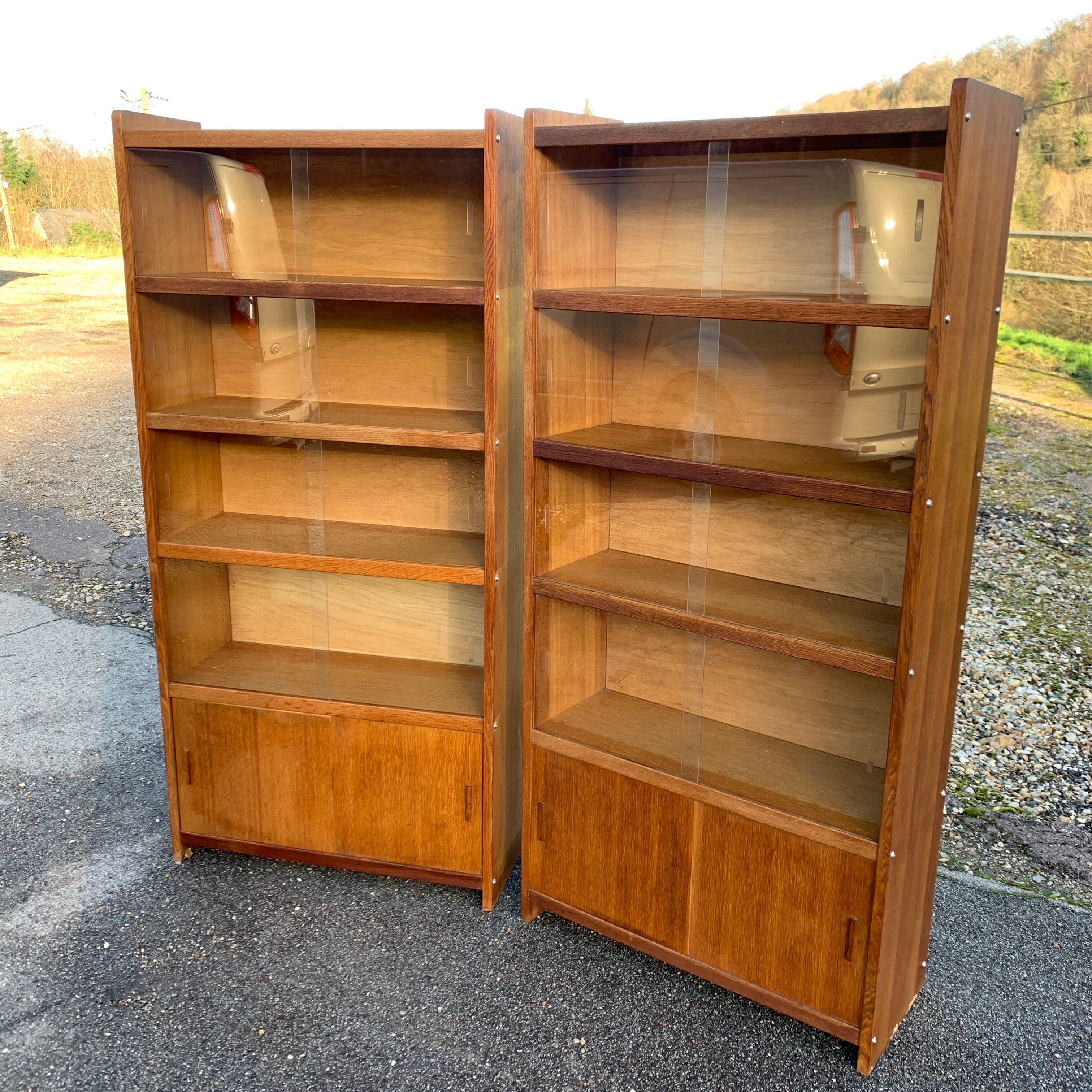 Pair of vintage glass shelves libraries