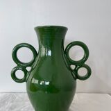 Green ceramic amphora vase with large handmade circular handles