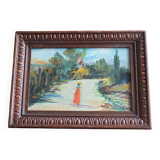 Petite huile sur panneau paysage et femme ancien