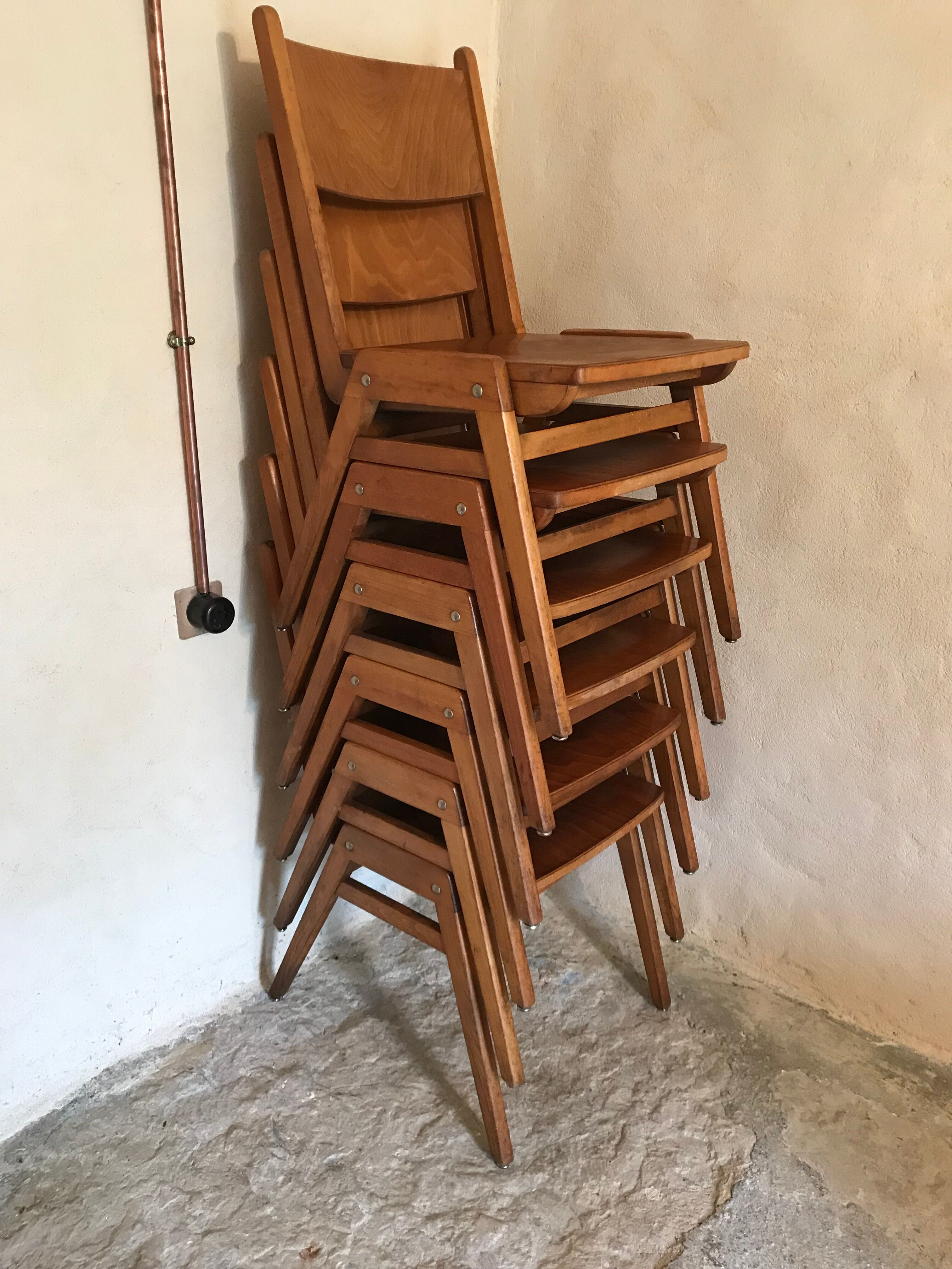 Set of 6 vintage wooden stackable chairs compass legs Germany 1960's